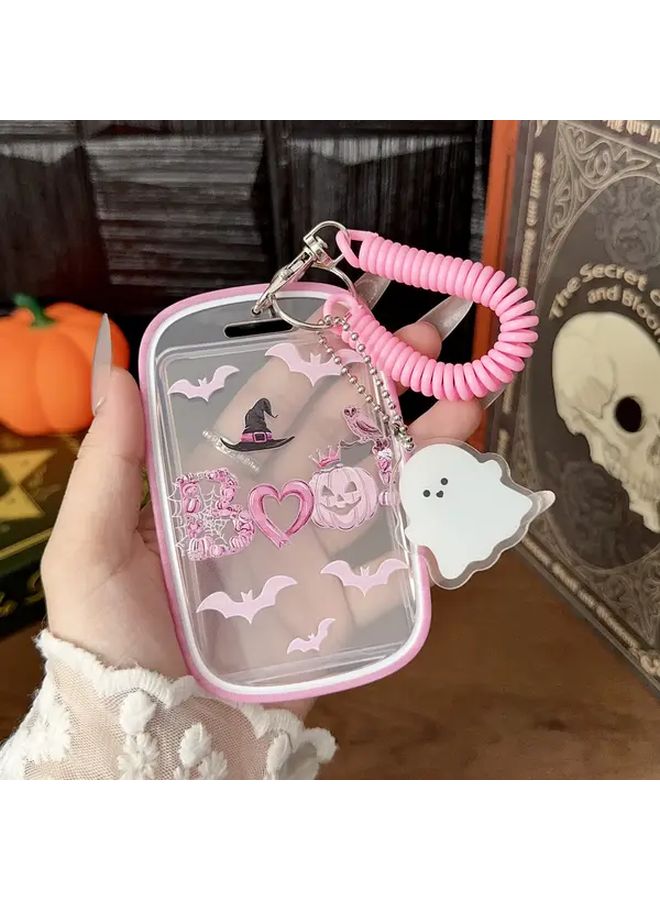 Pink Bat Pumpkin Head TPU Card Holder Keychain Slide Cover Halloween Gift - Image 1